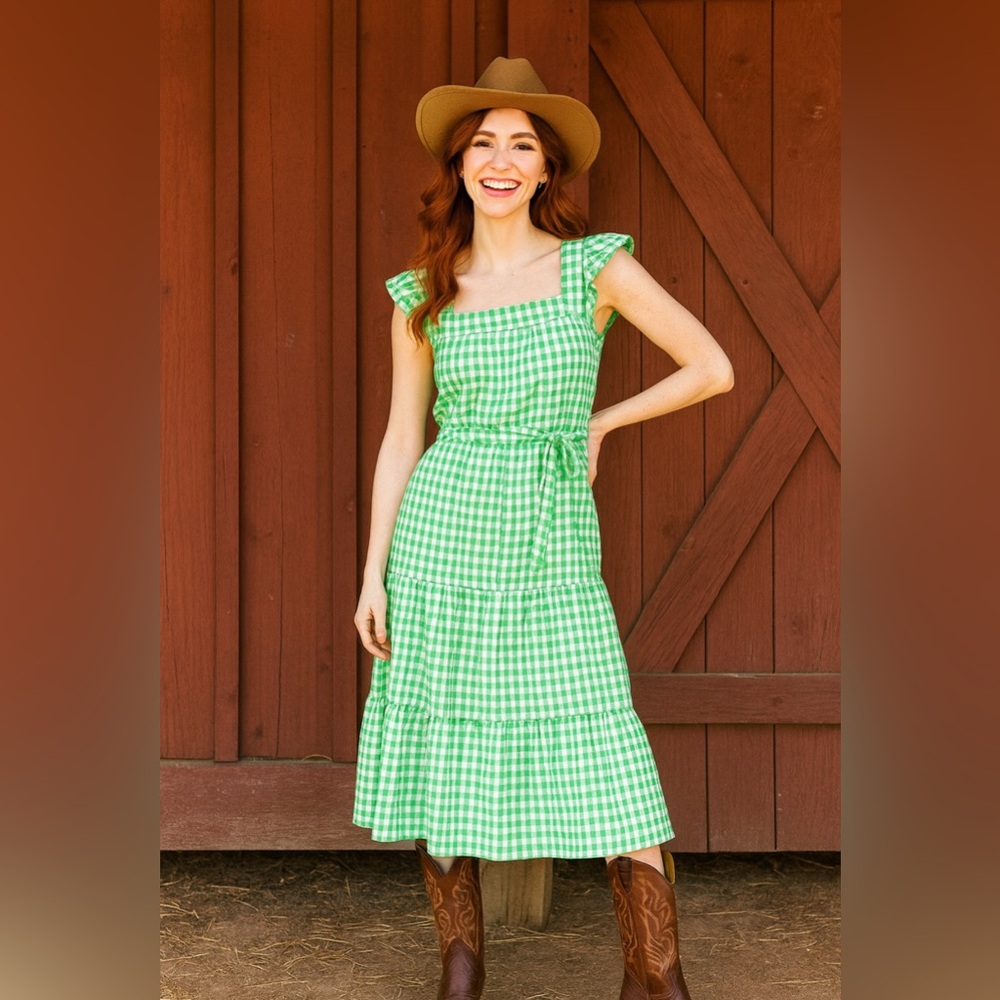 Draper James Green Gingham Midi Dress - Picture 3 of 16